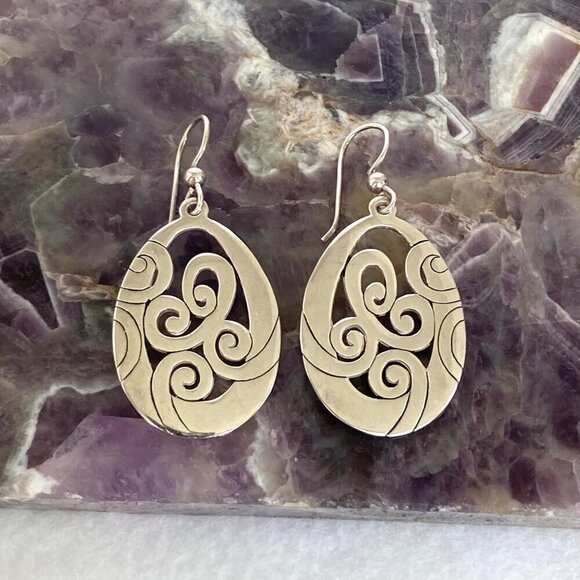 Solid Sterling Silver 925 Thailand Open Scrollwork Teardrop Dangle Drop Earrings - Picture 5 of 16